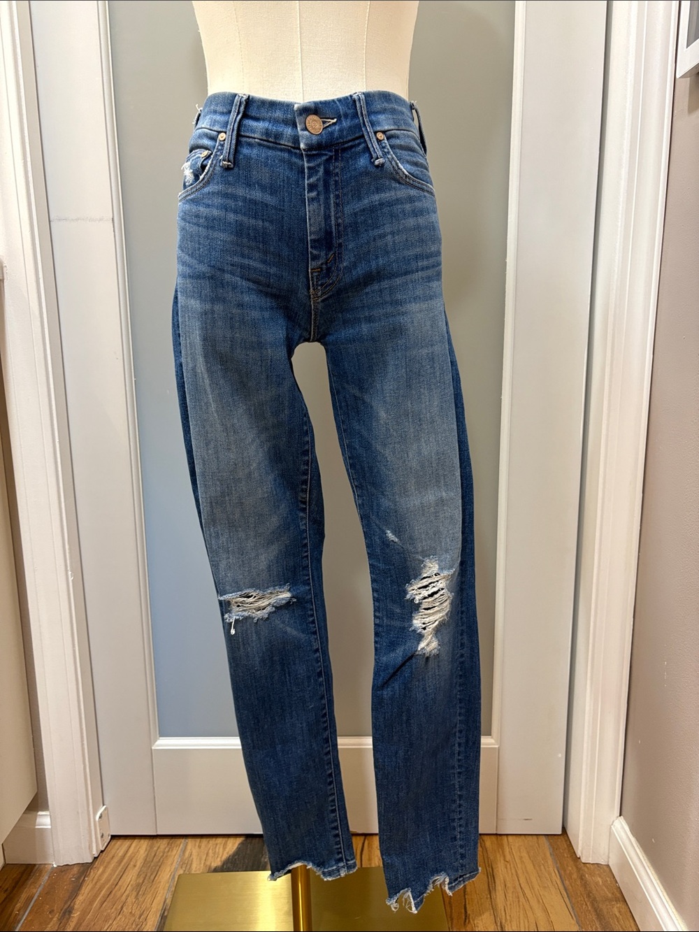 MOTHER Distressed Mid-Blue High-Rise Straight Jeans